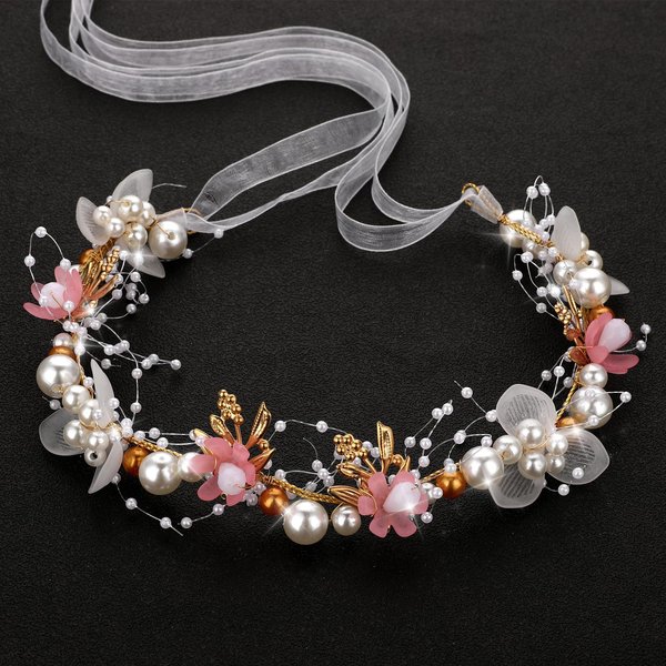 Amaxiu Wedding Bridal Pearl Headband, Flower Girl Pearl Hair Vine Princess Hair Accessories Crystal Headpieces for Women Wedding Party Photography(Pink)