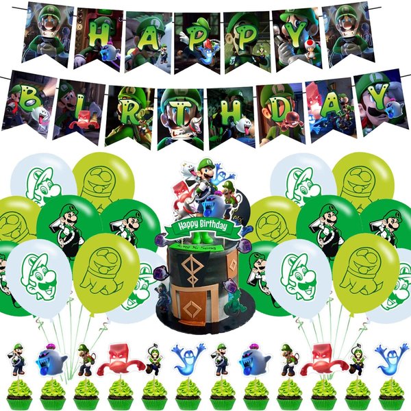 Luigi Mansion Birthday Party Decorations, Halloween Horror Theme Party Supplies with Happy Birthday Banner, Cake Toppers, Balloons for Fans Adults Party Favors