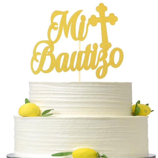 Spanish Mi Bautizo Cake Topper - Golden Glitter Baby Shower Party Cake Decoration, First Holy Communion Cake Decoration Supplies, Gender Reveal Theme Party Supplies, Religious God Bless Cake Topper