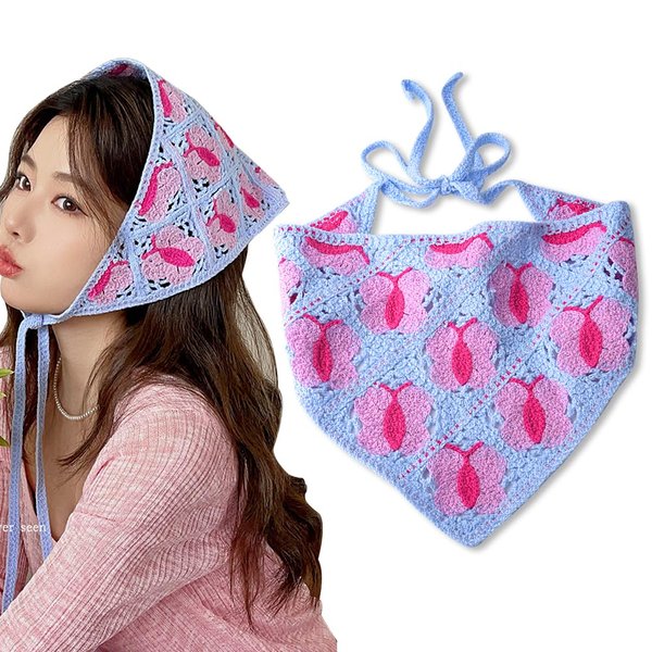 Yreamont Butterfly Crochet Hair Bandana Headpiece for Women Cute Hair Accessories for Women Girls Triangle Hair Scarf Blue Bandana Headband Headwraps for Women Head Coverings Blue Pink Hair Scarf