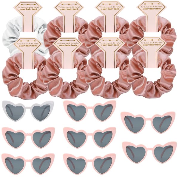 Satin Bridesmaid Scrunchies Bachelorette Hair Ties Set of 8 sunglasses Bridal Shower No Damage Hairties ideas Gift for Wedding Party Favors Bridesmaid Proposal Gifts (White & Rose Gold)