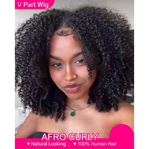 Vshow Glueless Wigs V Part Wig Human Hair Afro Curly Wig No Leave Out Thin Part Human Hair Wig Beginner Friendly 180% Density Upgrade U part Kinky Curly Wigs 20Inch