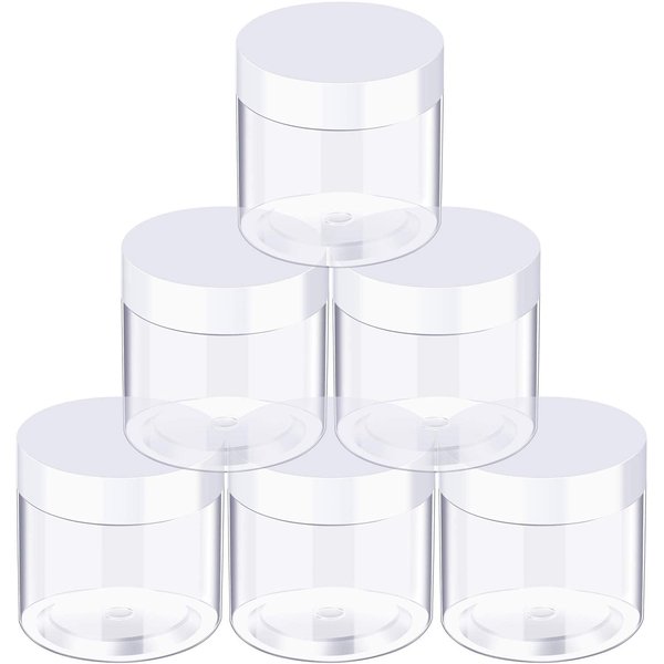6 Pack Clear Container with Lids Small Plastic Pot Jars Wide Mouth Round Leak Proof Plastic Container Jars with Lid for Travel Storage, Eye Shadow, Nails, Paint, Jewelry (10 oz, White)