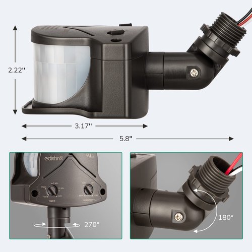 EDISHINE Motion Sensor, Automatic Dusk to Dawn, 120V AC Motion PIR Sensor, Adjustable Delay Time & Detection Range, 240 Degree Replacement Motion Security Floodlight Sensor, Brown, UL Listed