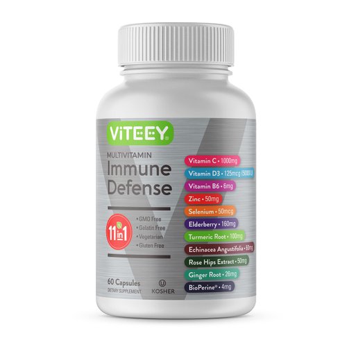11 in 1 Immune Defense Support Supplement Booster with Vitamin C, Vitamin D3, Vitamin B6, Zinc, Elderberry, Echinacea, Turmeric, Rose-Hips, Selenium, BioPerine, Ginger, For Adults [60 Capsules-1 Pack]