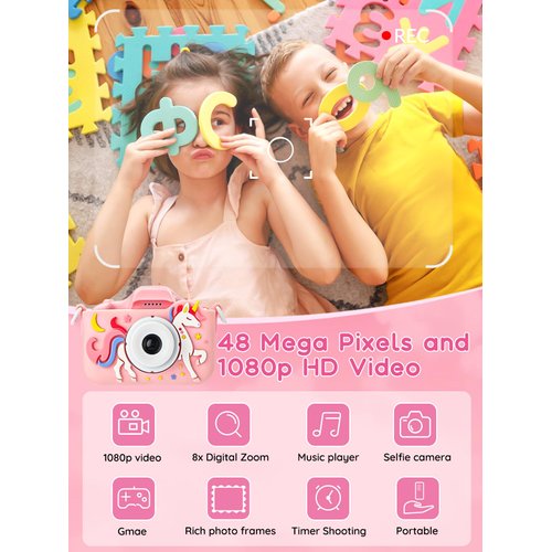Knagsfa Kids Camera Toys for 3-12 Year Old Girls Boys,Children Digital Video Camcorder Camera with Cartoon Soft Silicone Cover, Best Birthday Festival Gift for Kids - 32G SD Card Included, Pink