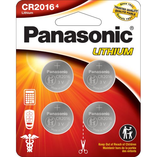 Panasonic CR2016 3.0 Volt Long Lasting Lithium Coin Cell Batteries in Child Resistant, Standards Based Packaging, 4-Battery Pack