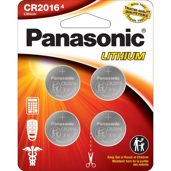 Panasonic CR2016 3.0 Volt Long Lasting Lithium Coin Cell Batteries in Child Resistant, Standards Based Packaging, 4-Battery Pack