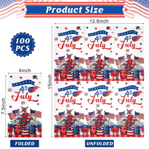 100 Pcs 4th of July Napkins Decorations, Disposable Vase Flower Patriotic Memorial Paper Guest Napkins, Red White and Blue Decorative Hand Towels for Independence Veterans Memorial Day Party Supplies