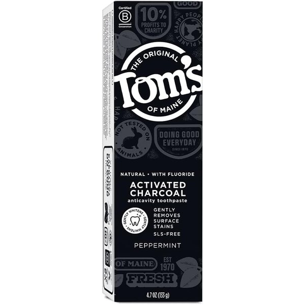 Tom's of Maine Activated Charcoal Whitening Toothpaste with Fluoride, Peppermint, 4.7 oz. 3-Pack (Packaging May Vary)