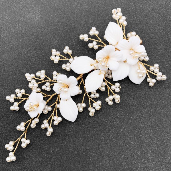 BETITETO White Bridal Hair Clip Wedding Pearl Ceramic Flower Leaf Hair Piece Accessories for Women Girls