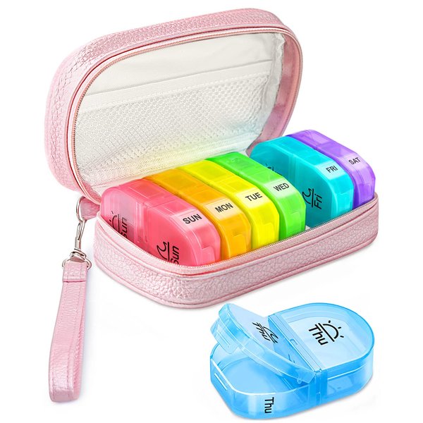 AMOOS Cute Pill Organizer 2 Times a Day, PU Leather Pill Case for Women, Portable Weekly Pill Box for Purse with Storage Bag to Hold Vitamins/Medications/Fish Oils/Supplements, Pink