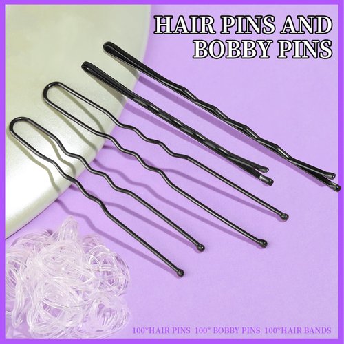 Teenitor 300pcs Hair Pins Bobby Pins Black, 100 Black Bobby Pins 100 Hair Pins for Women and 100 Clear Hair Bands Kit, Black Hair Pins for Buns 2" 2.36" and Black Bobby Pins 2" 2.75"