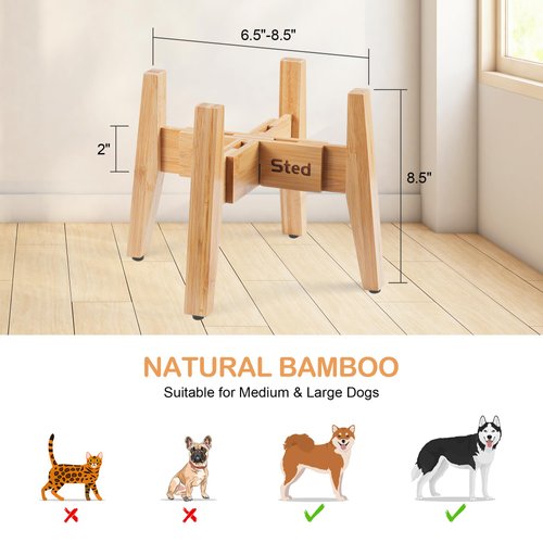 Sted Raised Dog Bowl Stand for Small Medium Dogs, Adjustable Width 6.5-8.5 Inches Elevated Dog Bowls Stand, 8.5" Tall Dog Food and Water Bowls Stand, Natural Bamboo Dog Food Bowls Slow Feeder Stand