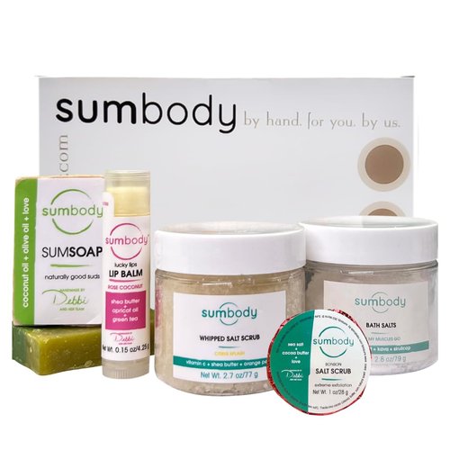 Natural Bath & Body Basket 6 Piece Home Spa Self Care Set Mom, Sister, Friends, Coworker, Wife, Girlfriend, Daughter, Teacher Unique Gifts Soap, Salt Scrub, Bath Salt, Lip Balm, Relaxing, Made In USA