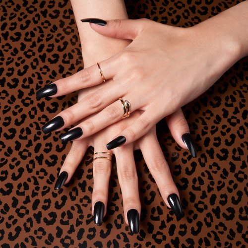 GoldFinger Press On Full Cover False Nails Kit with Glue, Solid Color Black Nails, Ready to Wear Gel, Medium, Long Length Nails (Crisp Air)