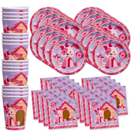 Pink Girl Puppy Dog Birthday Party Supplies Set Plates Napkins Cups Tableware Kit for 16