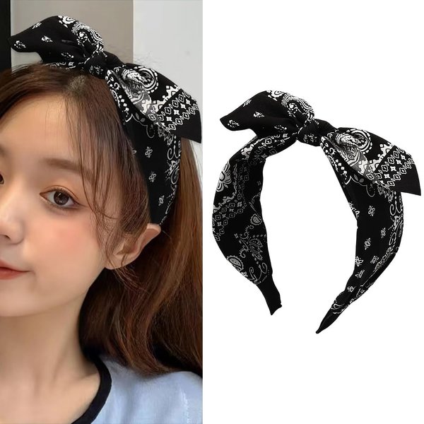 Guqqeuc Bowknot Bandana Headband Paisley Pattern Hairband for Women Girls Boho Turban Headbands for Women Wide Twist Hair Bands for Long Short Hair Accessories, Black
