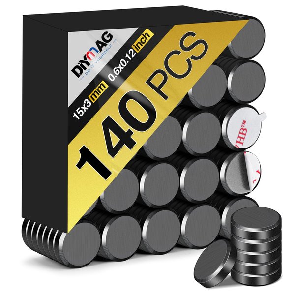 DIYMAG 140Pcs Small Ceramic Magnets for Crafts, Round Disc Magnets with Adhesive Backing Strong Magnets for Refrigerator Craft Hobbies Science Projects School Notice Boards, 0.6inch D x 0.12inch H