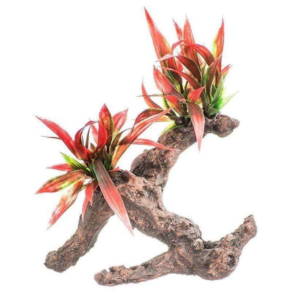 Aquatop Aquarium Decoration, Fiery Red Plant on Resin Driftwood, 6" Wide X 7" Tall