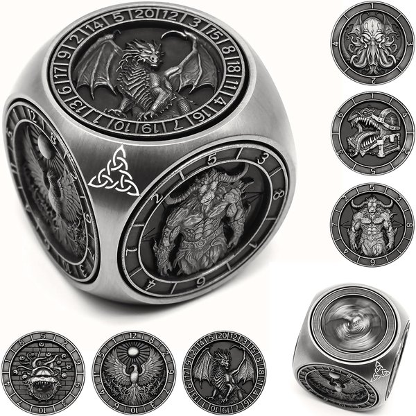 DND Spinner Dice, 7 in 1 Unique Metal Dice Set with 3D Relief for Dungeons and Dragons Gifts, Cool Polyhedral Role Playing Game Dice, Fantasy D&D Tabletop RPG Accessories for DM & Player (Silver)