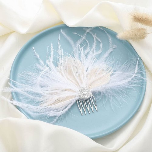 Latious Wedding Bride Flapper Feather Hair Comb White Crystal Bridal 1920s Hair Clip Fascinator Hair Accessories Prom Hair Jewelry for Women and Girls