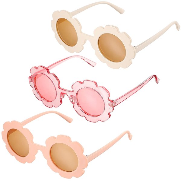 3 Pieces Kids Flower Sunglasses Toddler Girls Round Flower Glasses Baby Cute Sunglasses Outdoor Beach Colorful Eyewear (Beige, Light Pink, Transparent Pink)