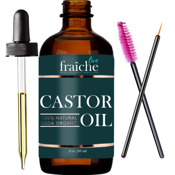 Live Fraiche Castor Oil Organic (2oz) + FREE Mascara Starter Kit. USDA Certified 100% Pure Cold Pressed, Hexane Free Grow Eyelashes and Eyebrows. Condition Hair. Lash Growth Serum. Brow Treatment