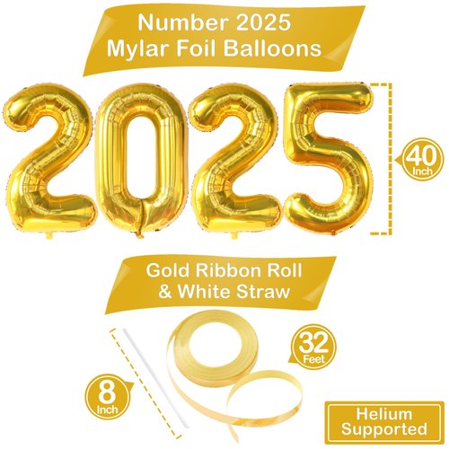 KatchOn, Giant 42 Inch Gold 2025 Balloons Number - New Years Decorations 2025 | Foil 2025 Balloon Numbers for 2025 New Years Eve Party Supplies | Happy New Year Decorations 2025 | NYE Decorations 2025