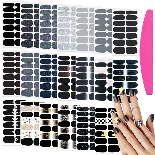 SILPECWEE 20 Sheets Black Style Nail Wraps for Women Stick on Nail Polish Strips Glitter Solid Color Self Adhesive Nail Polish Stickers Fingernail Manicure Sticker Nail Art with 1pc Nail File