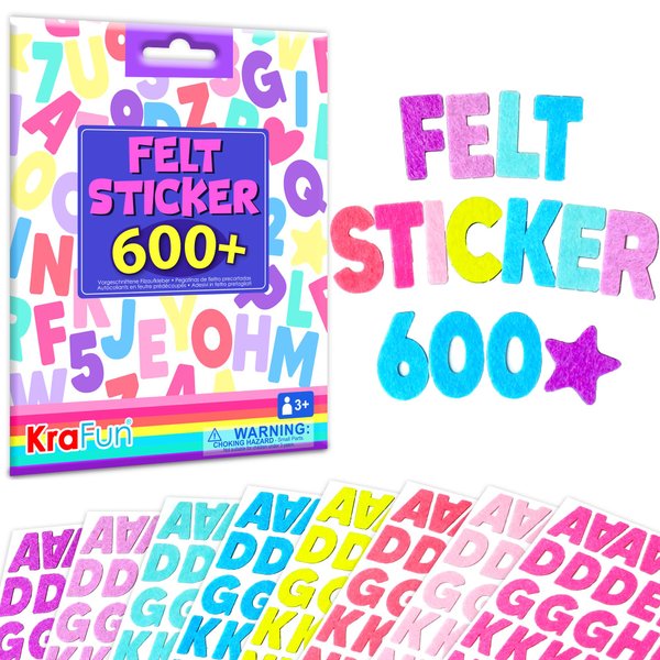 KRAFUN Felt Sticker Kit for Beginner Young Girls and Kids Arts & Crafts, Pack of 600 Assorted Scrapbook Stickers Alphabets, Numbers, Fun Shapes, Preschool, Children Early Learning, self Adhesive