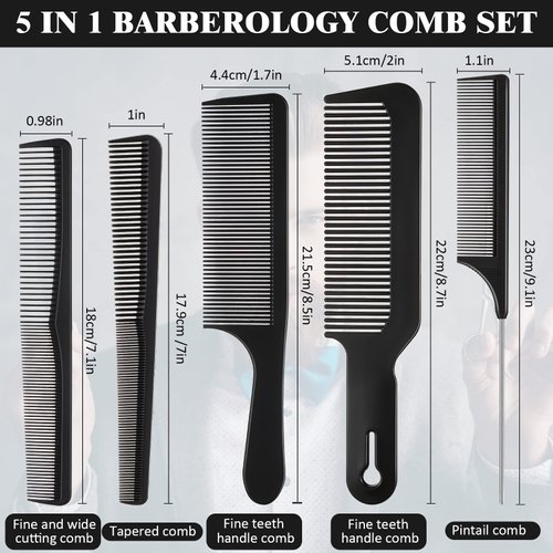 5 Pieces Hair Cutting Comb Barber Comb Hair Styling Combs Fine Teeth Carbon Comb Set Anti Static Heat Resistant Hairdressing Tapered Comb for Men Women (Styling Combs)