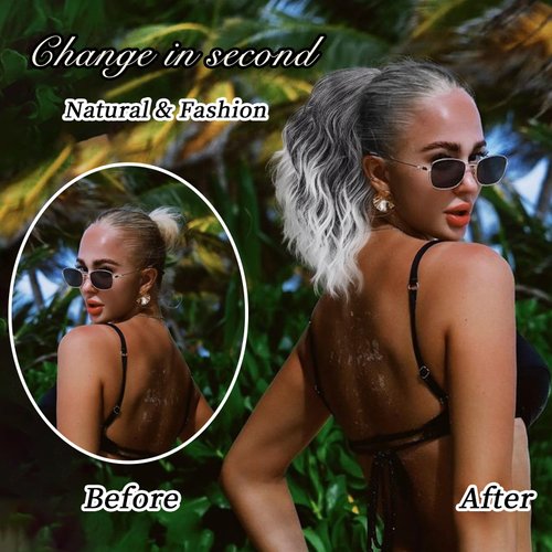 Cisyia Ponytail Extension, Black Mix Gray to Platinum Drawstring Ponytail for Women, Clip in Wavy Curly Ponytail Hair Extensions Short Soft Synthetic Hairpiece for Daily Use