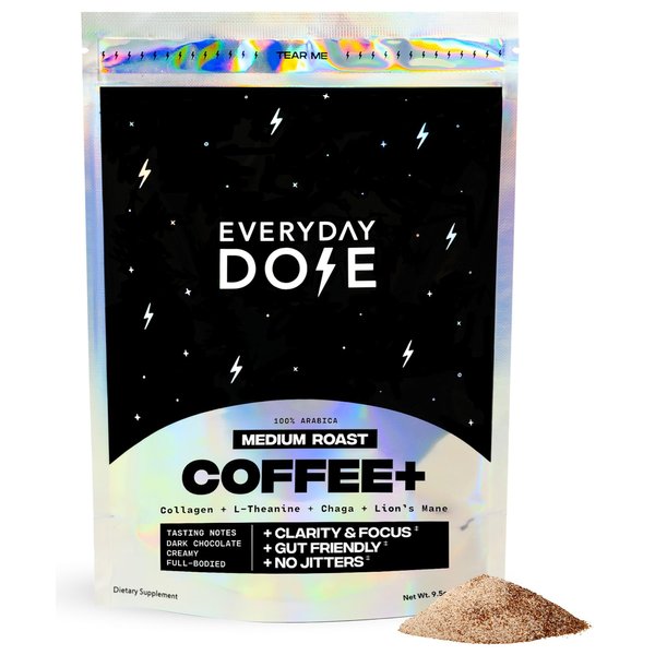 Everyday Dose Bold Medium Roast Mushroom Coffee 90mg Caffeine per serving with Grass-Fed Collagen, Chaga, Lions Mane & L-Theanine for Better Focus, Energy, Digestion, Skin, and Immunity 30 Servings