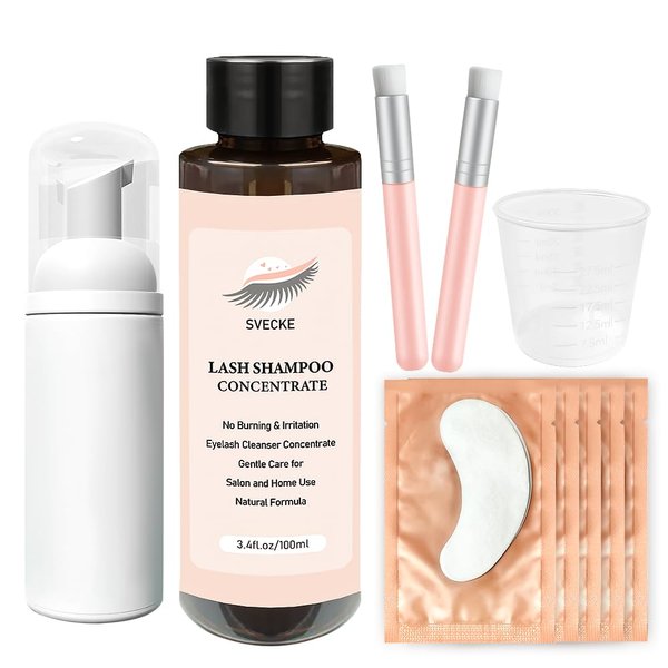 SVECKE Lash Shampoo Concentrate 100ml for Lash Extension, Lash Shampoo Kit for Eyelash Cleansing, Oil-Free Eyelash Extension Cleanser Concentrate, Lash Cleaning Kit with Brush Bottle