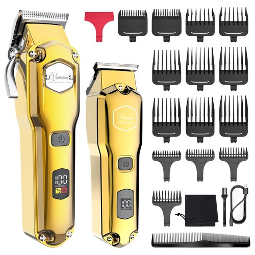 Hatteker Hair Clipper & Trimmer Set for Men IPX7 Waterproof Cordless Barber Clipper for Hair Cutting Kit with T-Blade Beard Trimmer, Kids, Professional USB Rechargeable (gold)