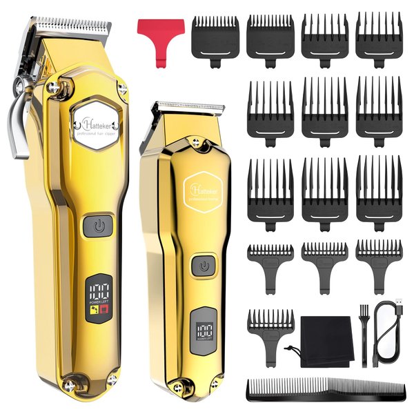 Hatteker Hair Clipper & Trimmer Set for Men IPX7 Waterproof Cordless Barber Clipper for Hair Cutting Kit with T-Blade Beard Trimmer, Kids, Professional USB Rechargeable (gold)