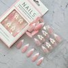 24Pcs French Tip Press on Nails Almond Short Fake Nails Pink Acrylic Nails Full Cover with Pearl Bows Charms False Nails Designs Glossy Glue on Nails Cute Press ons for Women Artificial Nails Decor