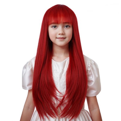 Edivd Kids Bright Red Wig Long Red Wig with Air Bangs for Girls Long Light Red Straight Wig for Child Heat Resistant Synthetic Wig with Wig Cap
