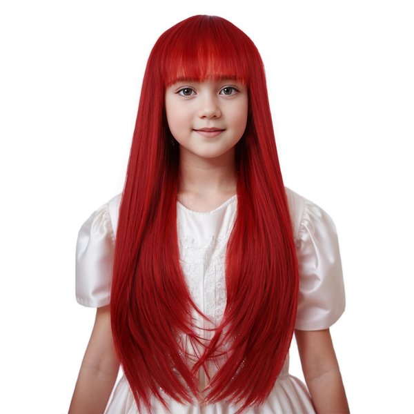 Edivd Kids Bright Red Wig Long Red Wig with Air Bangs for Girls Long Light Red Straight Wig for Child Heat Resistant Synthetic Wig with Wig Cap