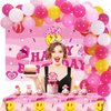 Crenics Preppy Birthday Decorations - Hot Pink Preppy Birthday Banner, Tablecloth, Balloons Arch Garland with Cake Toppers for Girls Preppy Birthday Party Supplies