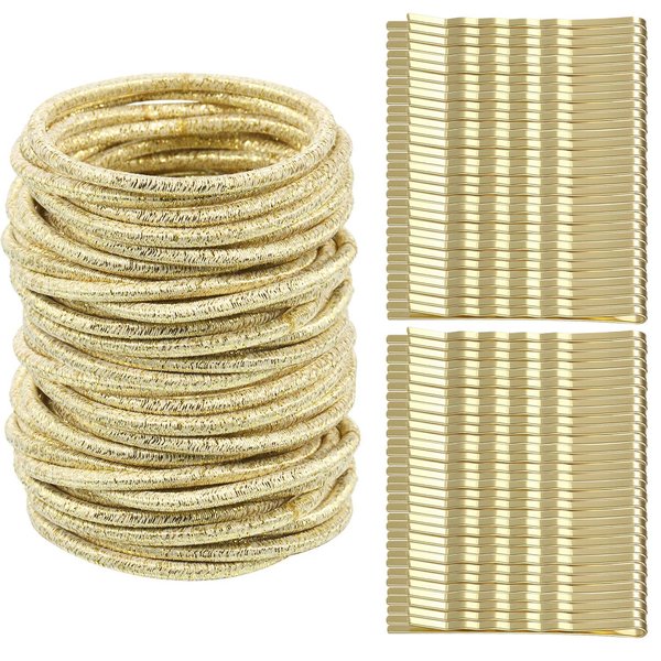 TecUnite 50 Pieces 3mm Gold Hair Elastic Ties No-metal Small Hair Rubber Bands Thin Hair Ties Ropes Ponytail Holders Hair Bands with 50 Pieces Hair Bobby Pins, Hair Accessories for Women Girls