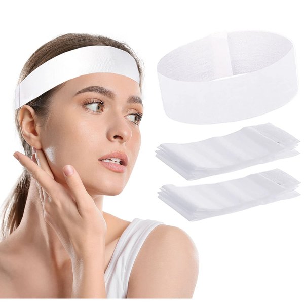 Nujzuir 100 Pieces Disposable Facial Headbands for Women Individual Wrapped Elastic Makeup Head Band Headwraps for Facials Skincare Spa