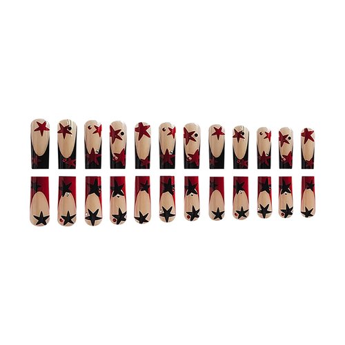 Press on Nails Long Length Black Red Stars False Nails Ballet Shaped Nails Artificial Acrylic Nails Rhinestones Design French Fake Nails Full Cover Reusable Coffin Nails Glue on Nails for Women 24Pcs