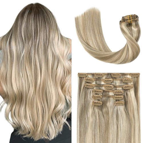 UGOTRAYS Blonde Clip in Hair Extensions Real Human Hair - 15 inch 70g Ash Blonde Mixed Bleach Blonde Straight 7pcs Double Weft - 100% Remy Human Hair Extensions #18p613 15in