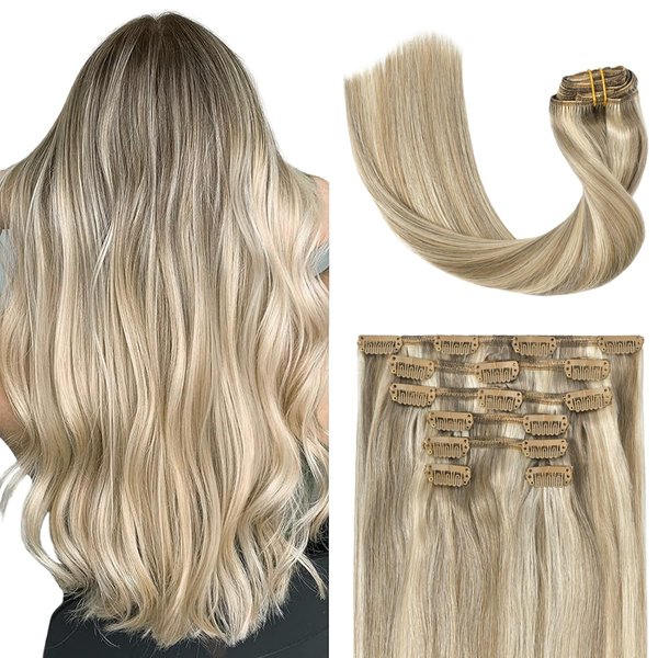UGOTRAYS Blonde Clip in Hair Extensions Real Human Hair - 15 inch 70g Ash Blonde Mixed Bleach Blonde Straight 7pcs Double Weft - 100% Remy Human Hair Extensions #18p613 15in