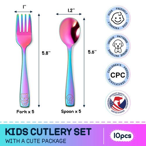 VITEVER 10 Pack Toddler Utensils, Stainless Steel Rainbow Silverware Set for Kids, Children Safe Cutlery Set Includes Forks and Spoons - Dishwasher Safe