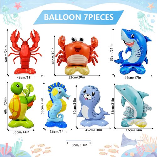 7 Pcs Sea Animal Balloons - Standing Sea Turtle Seahorse Dolphin Shark Crab Lobster Sea Lion Foil Balloons Sea Creature Ocean Balloons for Under The Sea Ocean Themed Party Decorations