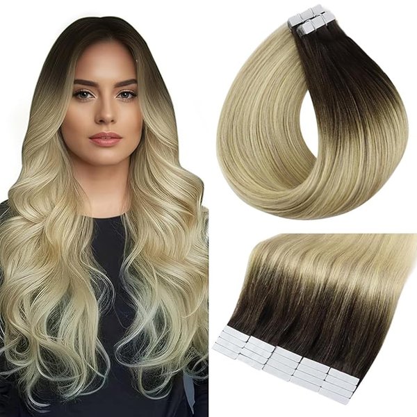 Full Shine Black And Blonde Tape in Hair Extensions 18 Inch Balayage Tape in Real Hair Extensions Color 2 Fading to 18 and 60 Blonde Remy Hair Ombre Skin Weft Tape Hair Extensions Adhesive Tape