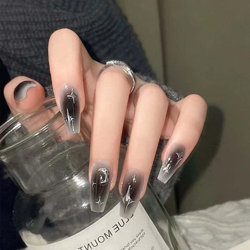 Medium Press on Nails Coffin Fake Nails Stars with Moon Design Black Gradient False Nails Acrylic Artificial Glue on Nails Full Cover Stick on Nails for Women Girls Manicure Decoration 24Pcs
